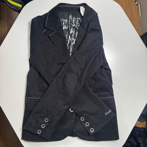 Energie Years Size 10 Black Pinstripe Blazer Jacket Silver Lined Club New York - Picture 1 of 9